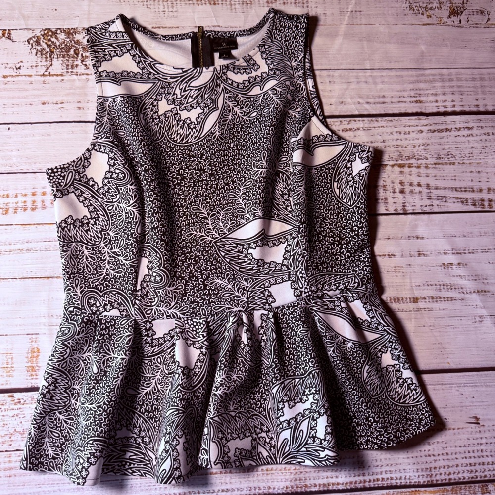 Worthington Womens L Black White Peplum Top Paisley Scuba Sleeveless Zip Back